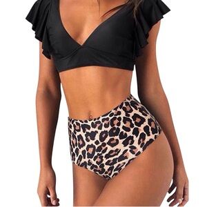 Beach Sissi Women’s Bikini Swim Set  Black/Leopard Print High-rise Size-L NWT